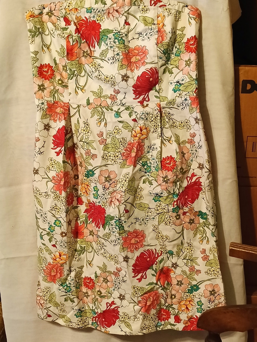Old Navy White Strapless Dress with Red, Pink & Green Floral Print